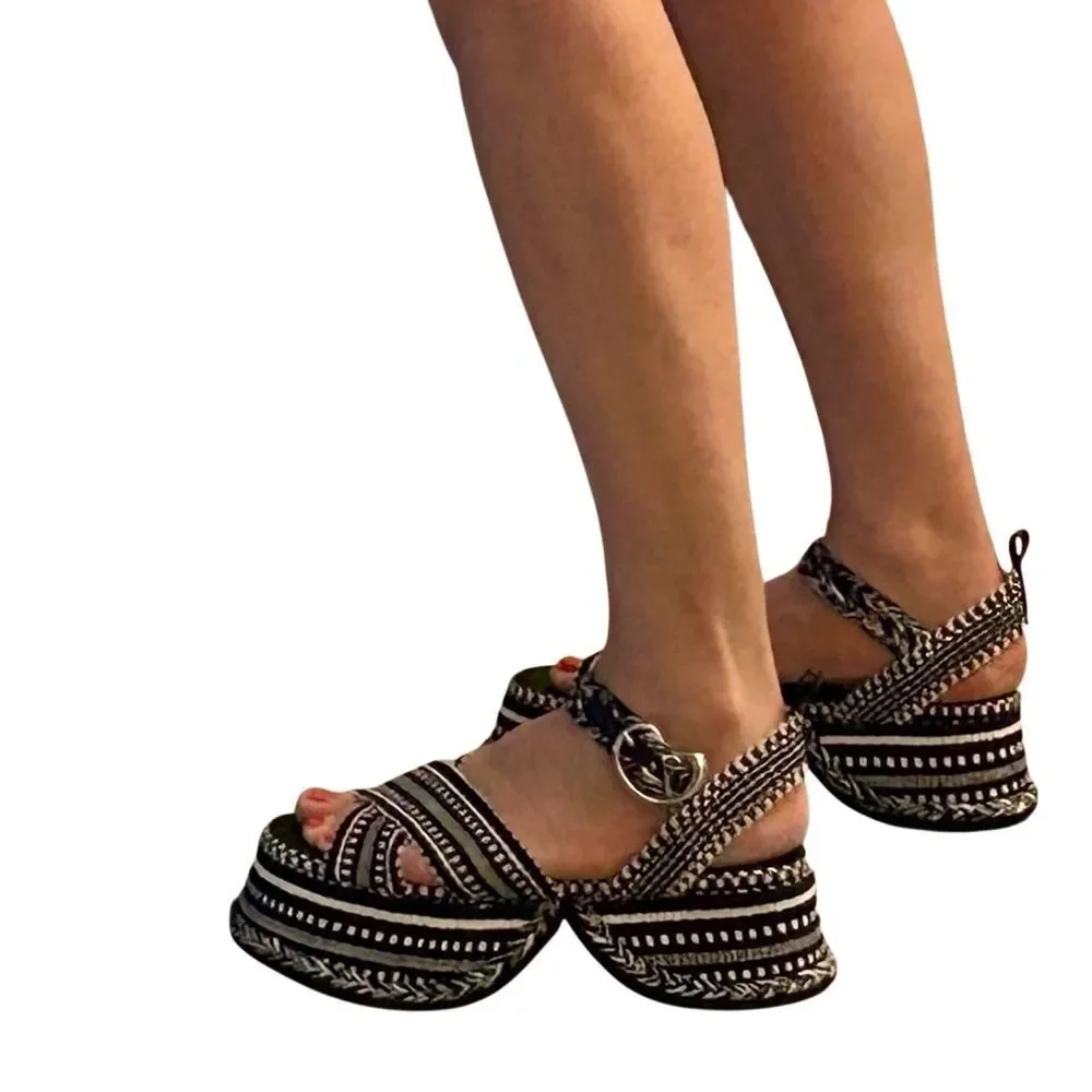 Amambaih Beatriz Platform Sandal Tapestry Noche Black White Blue Meril 40 9 - Picture 8 of 14